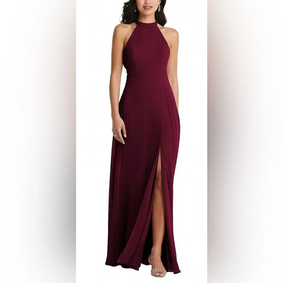 Dessy Collection Stand Collar Halter Maxi Dress With Criss Cross Open-Back 3082 - Picture 2 of 8